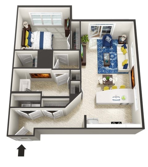 Floor plan for 1 bed, 1 bath, 890 sqft